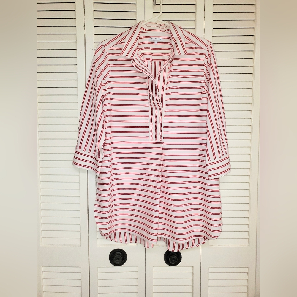 Foxcroft Red and White 3/4 Sleeve Button Down Shirt